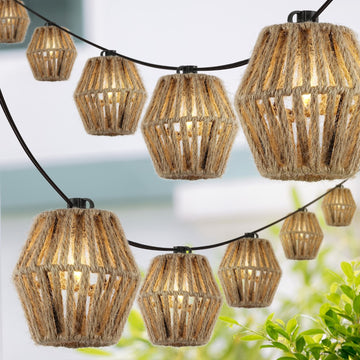 Samara 10-Light Indoor/Outdoor 10 ft. Mid-Century Classic Incandescent C7 Lantern Hemp Rope Shaded String Lights - JONATHAN Y